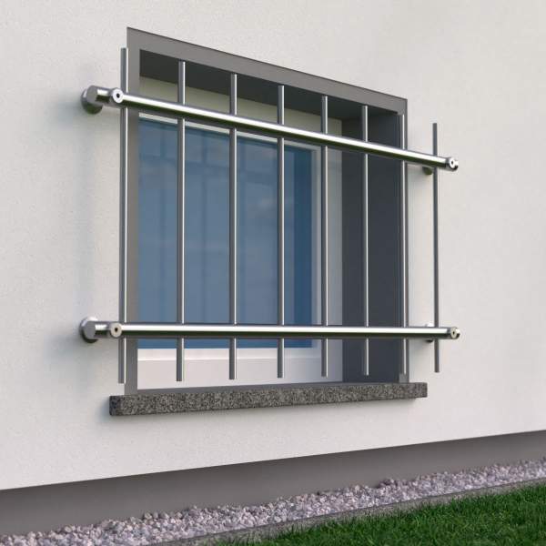 Fenstergitter aus Edelstahl Rundrohr ø 26,9 mm, Befestigung vor der Fenster-Laibung. Höhe 500 - 900 mm / 2 Gurte